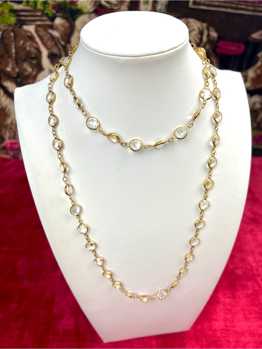 Vintage Swarovski Clear Crystal Coin Necklace, Gold Tone Bezel Set 36” SIGNED